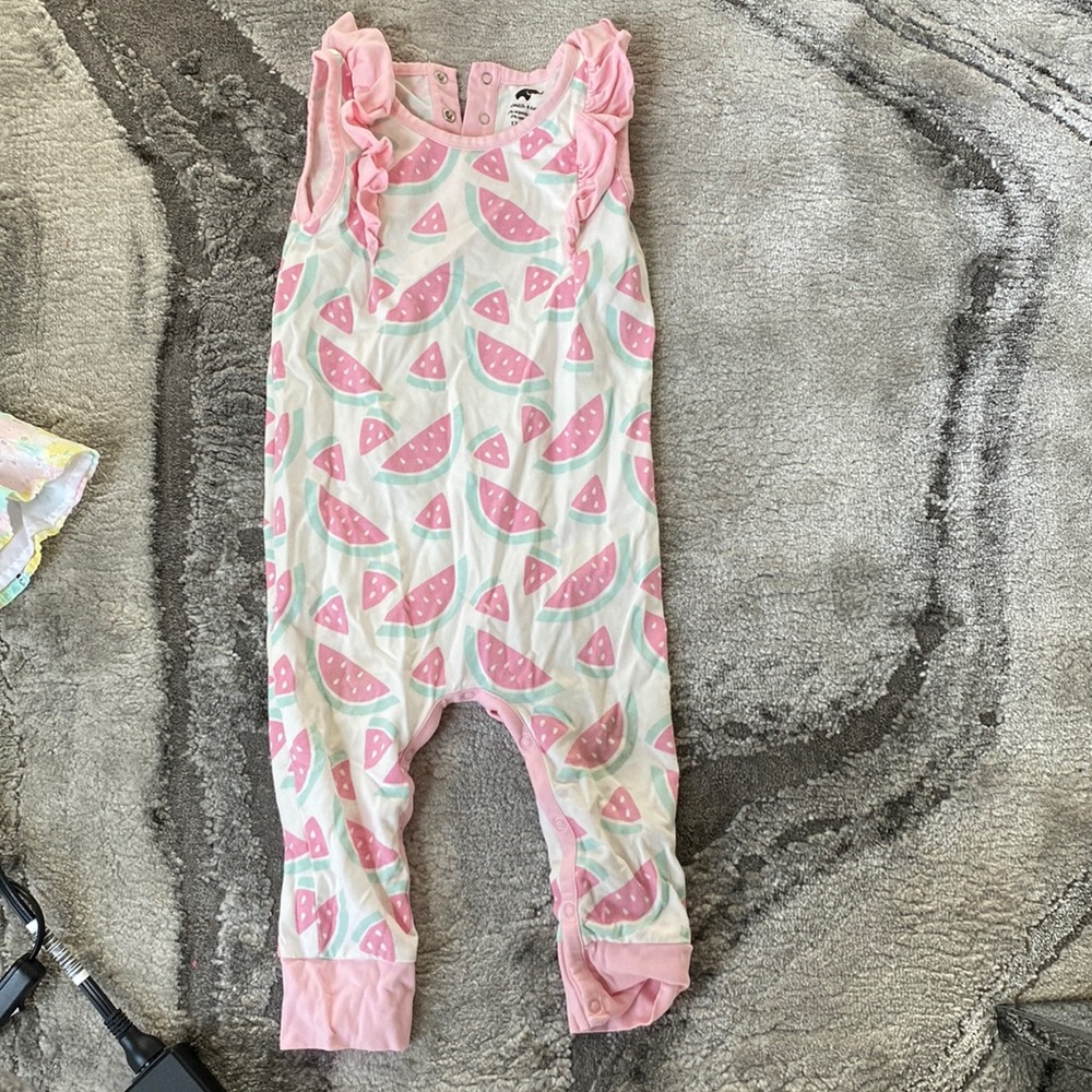 Monica + Andy watermelon romper with ruffle detail